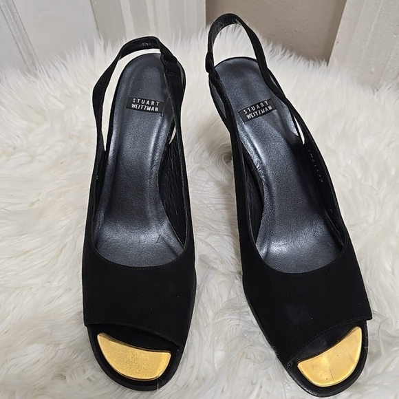 Stuart Weitzman Slingback Open Toe Suede Leather Black Heels Size 8B 🌴 - Picture 2 of 8